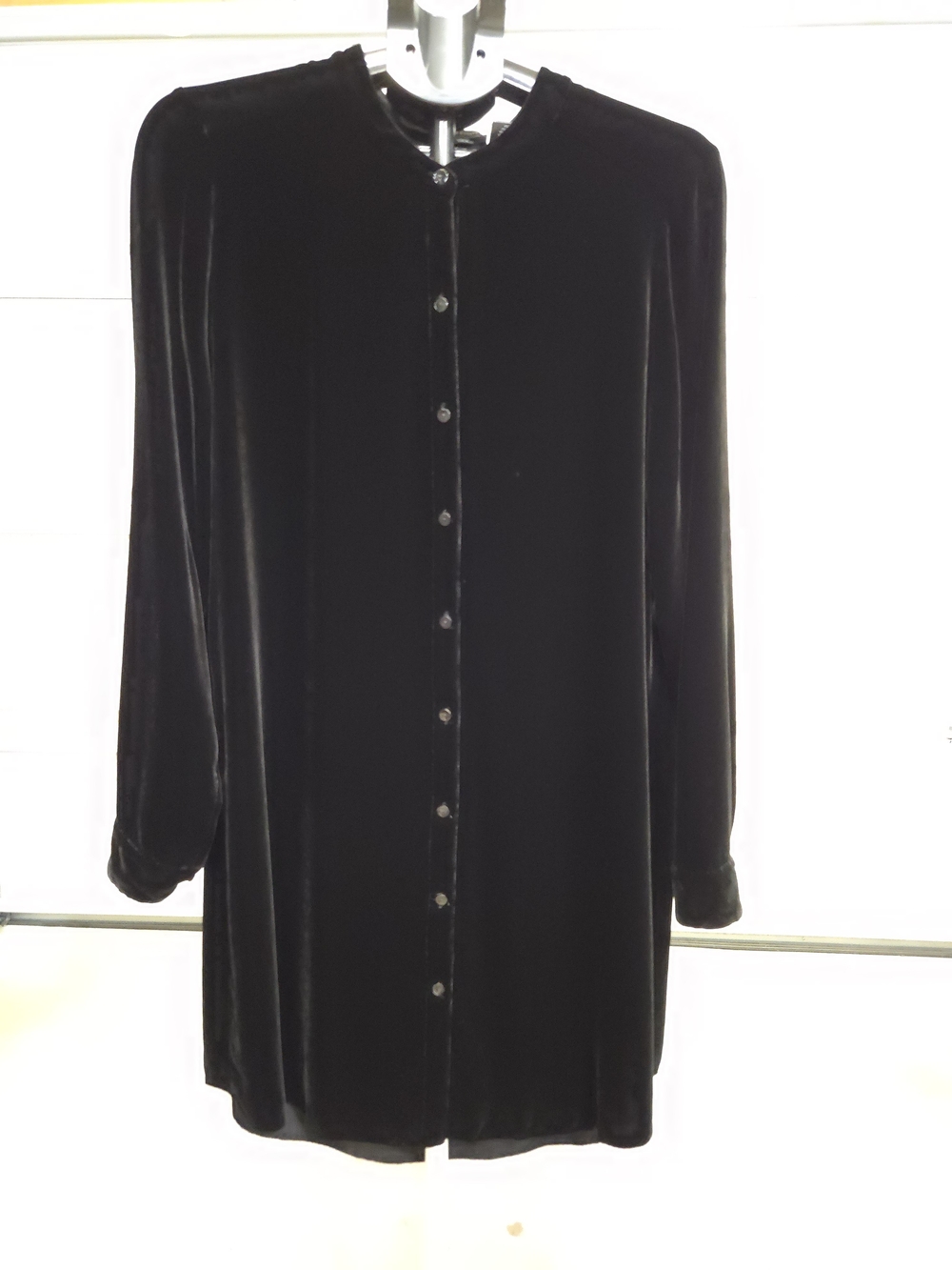 Eileen Fisher Black Velvet Mandarin Collar L-Sleeve Button-Up Shirt Dress Size L
